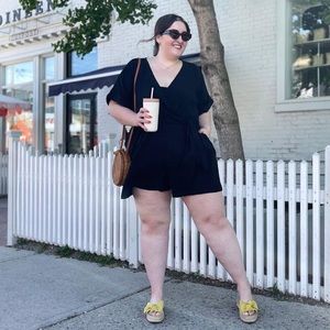 Eloquii black short sleeve romper with waist tie size 16